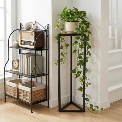 MyGift 36 Inch Tall Plant Stand Indoor - Modern Triangular Corner Plant Stand, Large Torched Wood and Black Metal Frame Plant Pot Pedestal Holder
