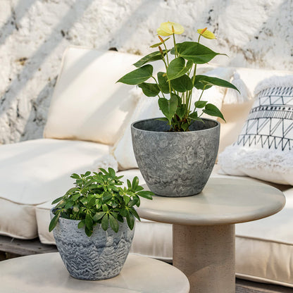LA JOLIE MUSE Flower Pots Outdoor Garden Planters, Indoor Plant Pots with Drainage Holes, Plastic, Marble Pattern Grey, Set 2 (8.6 + 7.5 Inch)