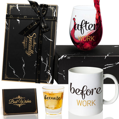 PUGED Before Work After Work Because Work Gift Set 11 oz Coffee Mug 18 oz Wine Glass 2 oz Shot Glass with Gifted Box for Coworkers Boss Office Gifts Bosses Day Christmas Farewell Party Gift (Black)