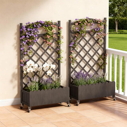 COMHOMA 2 Pack Raised Garden Bed with Trellis and Wheels,48Inch Elevated Planter Box with Drainage Holes,Lattice Privacy Screen for Climbing Plants Vegetables,Outdoor for Patio Balcony Yard,Brown