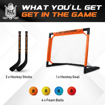 ACE HOCKEY - Shinny Hockey Set - Complete 2-Player Indoor/Outdoor Kit - Knee Hockey Goal Set (1) Goal, (2) Mini Sticks, and (4) Foam Balls - Mini Hockey Set
