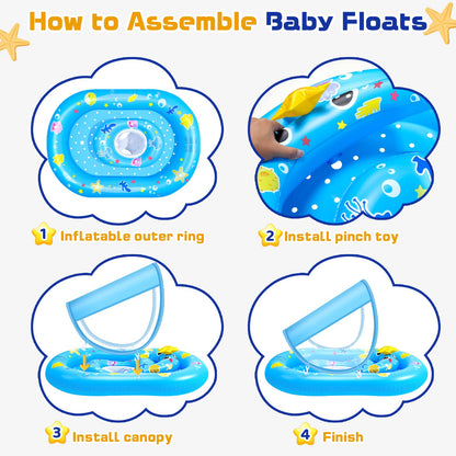 Baby Pool Float with Canopy UPF50+ Sun Protection, WJWJA Inflatable Kids Pool Floats with Adjustable Safety Seat Infant Swimming Float for Baby 6-36 Months Boys and Girls