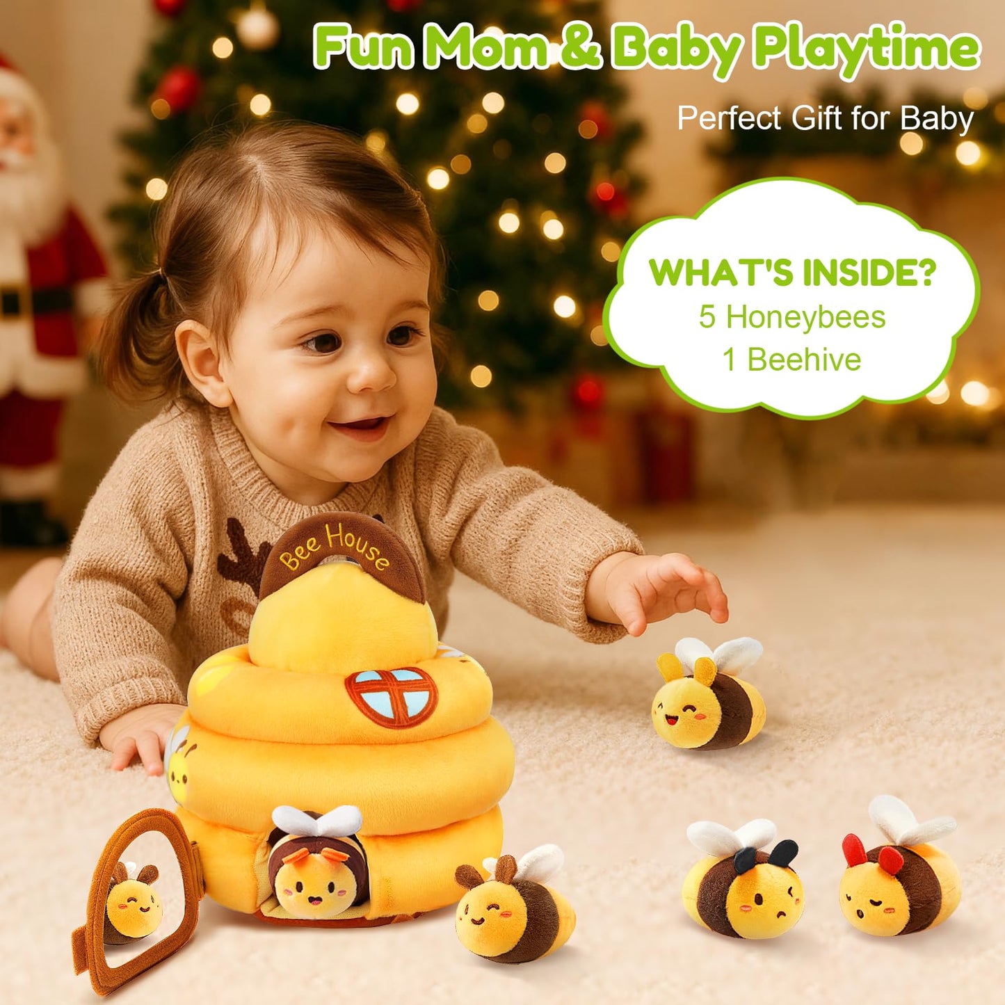 Baby Toys 6-12 Months - Soft Beehive Infant Toy with 5 Sensory Bees, Rattle, Crinkle, Squeaker, Mirror & Music, Montessori Toys for Babies 3 6 9 12 18 Months, Baby Boys Girls Christmas Birthday Gifts