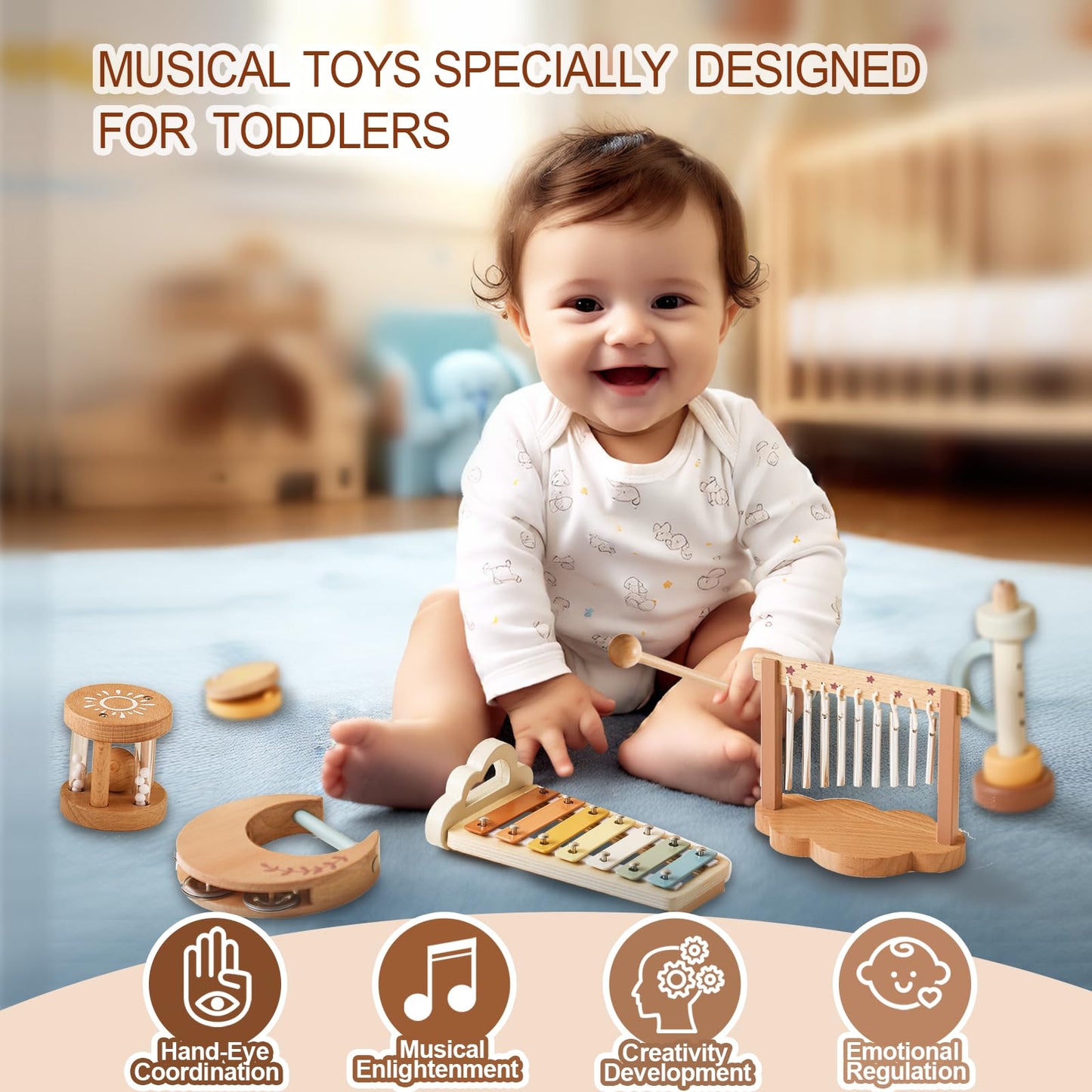 Smartwo Baby Montessori Musical Instruments,Wooden Percussion Xylophone Musical Toys for Toddlers,Sensory Toys for 18+ Month Old,Kids Preschool Educational,Birthday Gift for Ages 2 3