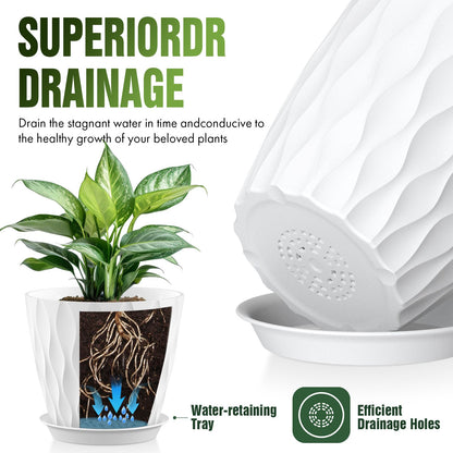 Areutxbis 8" Water Wave Plant Pots with Drainage Holes & Saucers, 4 Pack Modern Textured Medium Planters for Indoor Outdoor Plants, Decorative Flower Pots Repotting Set for Flowers, Herbs (White)