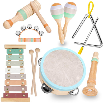 Raimy Kids Musical Instruments Set - Neutral Colors Wooden Montessori Toys Percussion Music Modern Boho Xylophone Birthday Gifts for 1 2 3 Year Old Baby Toddlers Boys Girls 3+ with Storage Bag