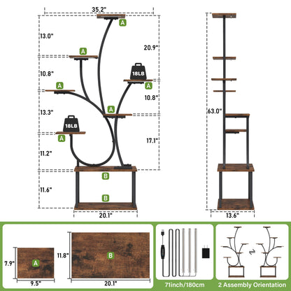 Plant Stand Indoor with Grow Lights - Lighted Plant Shelf Indoor, 63" Tall Plant Stands for Indoor Growing, 8 Tier Corner Flower Display Shelf, Large Tree-Shaped Holder for Living Room Bedroom Black