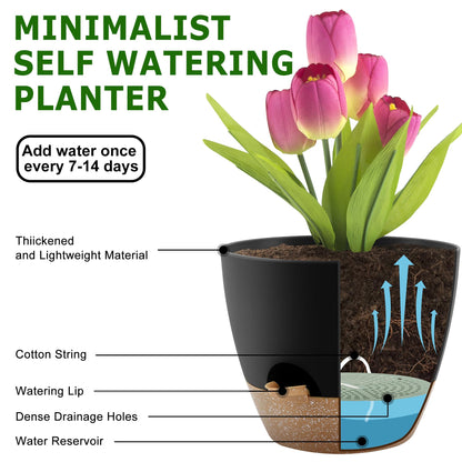 Plant Pots 10/9/8/7.5/7 Inch Self Watering Pots, Set of 5 Plastic Planters with Drainage Holes and Saucers,Plastic Flower Pots,Nursery Planting Pot for Indoor Out Door Plants(Black Brown)