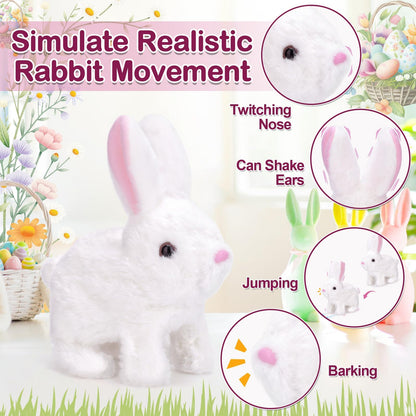 Realistic Bunny Toy, Easter Bunny Plush, Interactive Hopping Bunny Toy with Carrot, Stuffed Bunny with Sounds, Wiggling Ears, Mouth, Nose, Easter Basket Birthday Gift for Kids Girls Boys (White)
