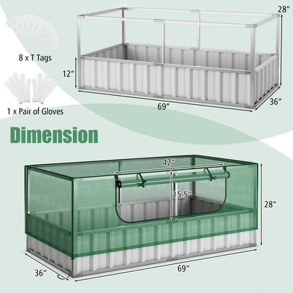69" x 36" x 28" Galvanized Raised Garden Bed w/ Cover Roll-up Window PE Cover Greenhouse