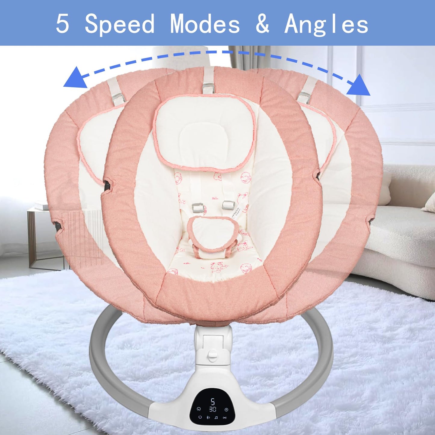 Baby Swing for Infants to Toddler Portable Babies Swing Timing Function 5 Swing Speeds Bluetooth Touch Screen Music Speaker with 10 Preset Lullabies 5-Point Carabiner (Pink)