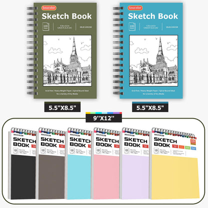 Soucolor 5.5" x 8.5" Sketchbook Pack of 2, 200 Sheets Blank Journal Notebook, A5, Spiral Bound Sketch Pad Drawing Book Acid-Free Paper (68lb/100gsm), Painting Sketching Drawing Notebook Art Supplies
