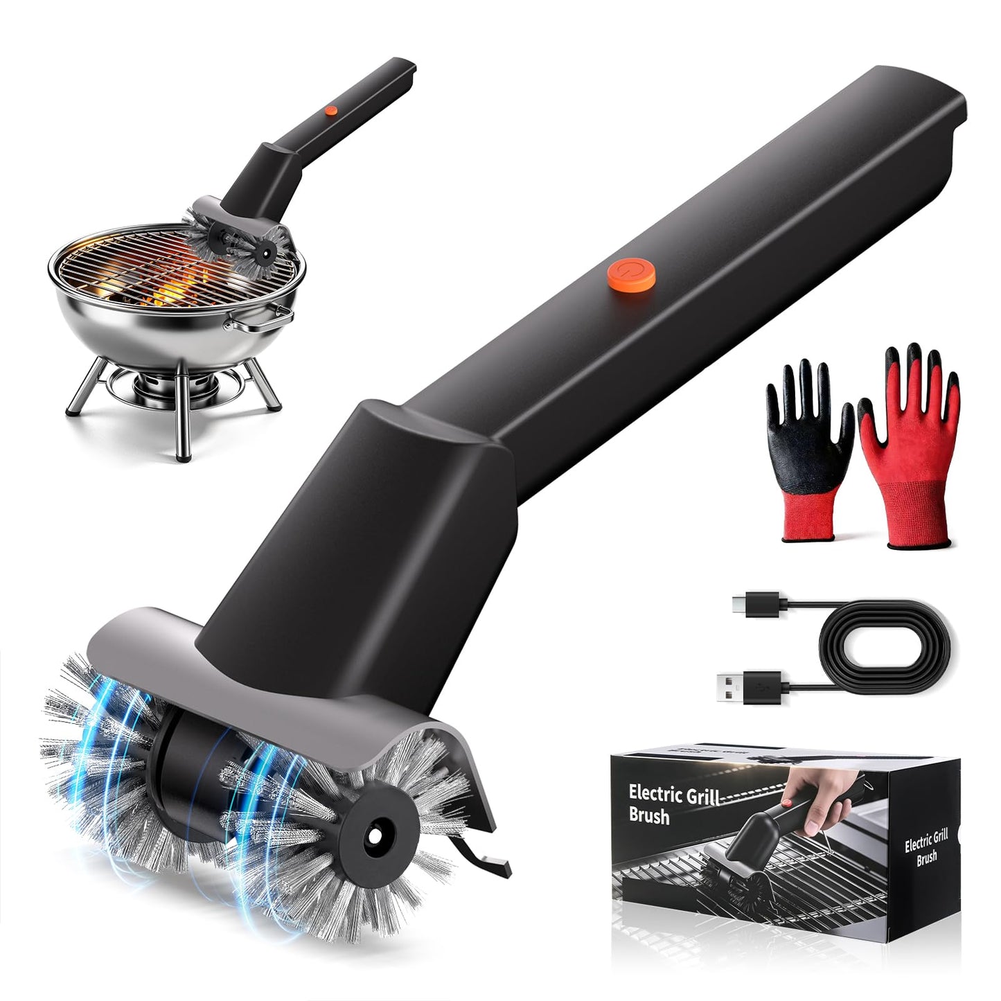 Rechargeable Electric BBQ Grill Brush, 2600mAh Battery, 2-Speed Power, LED Light, 100 Mins Long Runtime, 304 Stainless Steel Heat Resistant Grill Cleaner for Outdoor Camping & Grilling