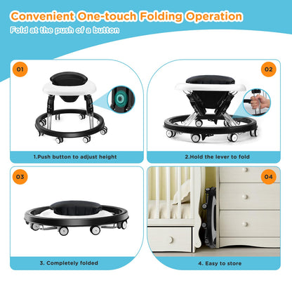 Wnttmt Baby Walker with Wheels, One-Touch Folding Baby Walkers with Height Adjustment, Large Dinner Plate and Brake, Walker for Baby Boy Girls 6-18 Months, Black
