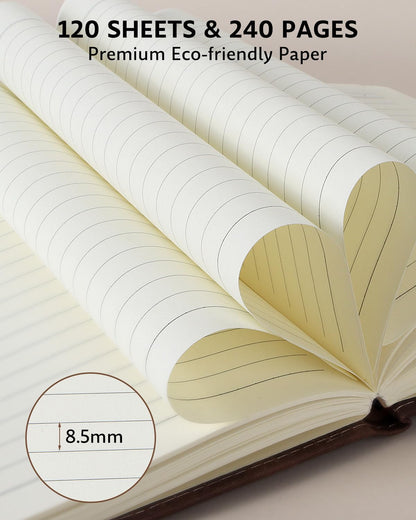 HULIPARK Leather Notebook Journal with Pen, A5 Lined Hardcover Notebook with Magnetic Closure, 240 Pages Daily Journal for Men Women, Ruled Journal Notebooks for Work, Writing, Note Taking - Brown