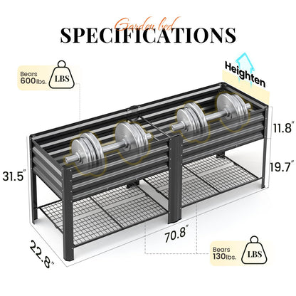 KING BIRD Large Raised Garden Bed with Legs & Storage Shelf Galvanized Elevated Planter Box for Backyard, Patio, Balcony, 600lb Capacity, Dark Grey 70.9x22.8x31.5 in