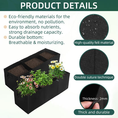 2 Pack Plant Grow Bags, 3 Divided Grids Fabric Raised Planting Bed Rectangle Raised Vegetable Planter Garden Planting Grow Pot Outdoor Planter Box for Vegetables, Flowers, Plants (Black, 120x40x40cm)
