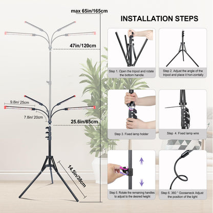 FRGROW 4Head Grow Light with Stand for Tall Indoor Plants, Bonsai Tree, Bright Full Spectrum Plant Growing Lamps, 4/8/12/16/20H Timer, 36 Watt Power Draw, NO Need Adapter, 360° Gooseneck