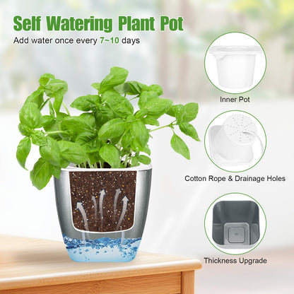 Oliz 4 Pack Self Watering Pots 4-inch Decorative Flower Planters for Indoor Plants Modern Square planters for Small Plants Window Sill Planters for Succulents, African Violets, Herbs(Sliver Black)