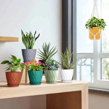 Meowell 7 inch Plant Pots for Indoor Outdoor Plants, 5 Pack Thick Nursery Pots with Drainage Holes and Saucers, 3D Modern Wave Texture Plastic Planter Pots for Flowers and House Plants, White