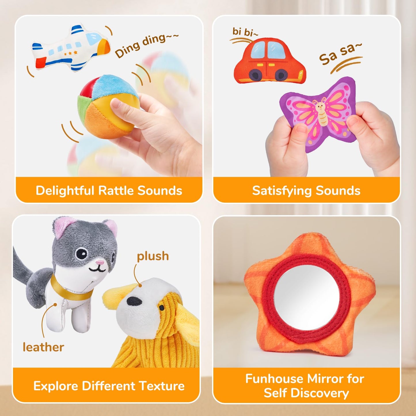 JoyCat Baby Toys 6-12 Months - Mystery Soft Box with 10 Sensory Objects, Rattle, Crinkle Paper, Mirror - What's Inside Box Infant Gifts, Soft Busy Toys 1-2 - Baby Easter Basket Stuffers Gifts