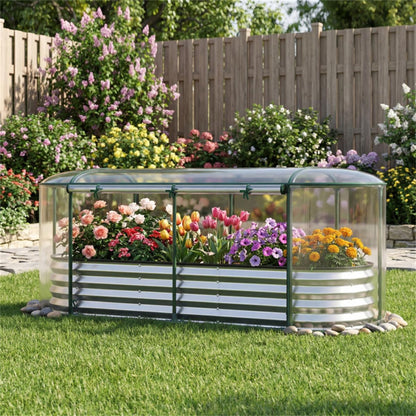 3-in-1 Raised Garden Bed with Greenhouse Cover, Oval Color Steel Planter Box, 6x2x1 Ft, Black (Silver)