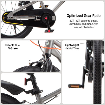 RoyalBaby EZ Fride Kids Bike, Lightweight Aluminum 2-in-1 Balance to Pedal Bike with One-Key Switch, 16 Inch for Age 4-7 Years, Gray