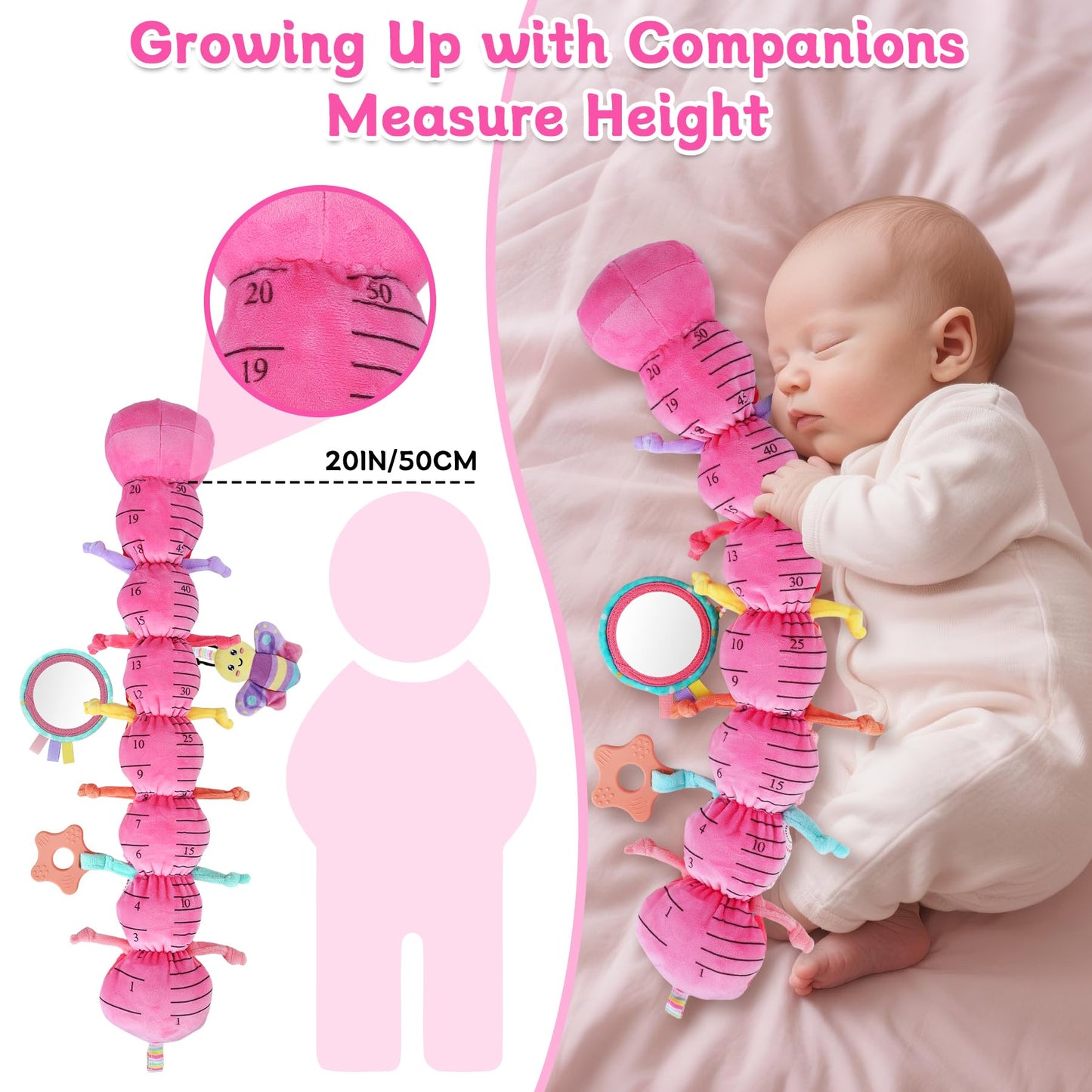 Baby Girls Toys 6-12 Months - Infant 6-in-1 Sensory Music Animal Stuffed Caterpillar Toy with Rattle & Mirror Crinkle for Tummy Time, Newborn 0 3 6 9 12 18 Shower Gifts Soothing Companion Toys, Pink
