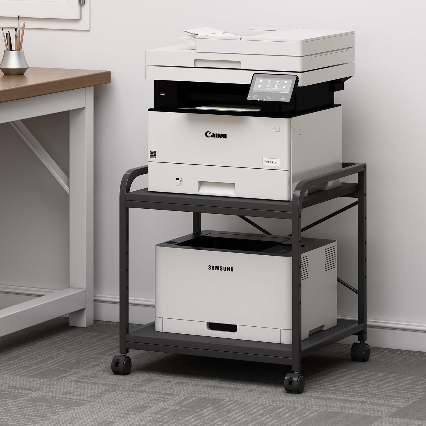 Fannova 2 Tier Under Desk Printer Stand with Storage, 20 Inches Deep Large Printer Table with Height Adjustable Shelf, Rolling Printer Cart with Wheels for Home Office - Black