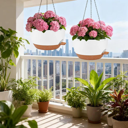 CNLBO 12 Inch Self Watering Hanging Planters 2 Pack, Indoor Outdoor Hanging Pots for Plants with Drainage Holes & Saucers, White Brown Plastic Hanging Baskets for Kitchen Balcony Garden