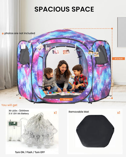 Porayhut Galaxy Pop Up Play Tent for Kids, 67" Hexagonal Privacy Sensory Tent with Removable Thick Mat & LED Photo Clip Lights, Light Blocking Indoor Outdoor Playhouse for Boys & Girls, Space Castle