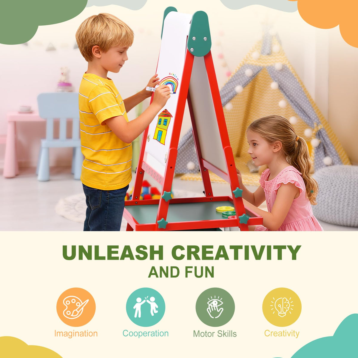 BBV Kids Wooden Easel with Paper Roll, Adjustable Magnetic Double Sided Drawing Board Whiteboard & Chalkboard Dry Easel Board, Children Art Easel for 3~12 Years Kids Boys Girls Painting Drawing（Red）