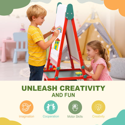 BBV Kids Wooden Easel with Paper Roll, Adjustable Magnetic Double Sided Drawing Board Whiteboard & Chalkboard Dry Easel Board, Children Art Easel for 3~12 Years Kids Boys Girls Painting Drawing（Red）