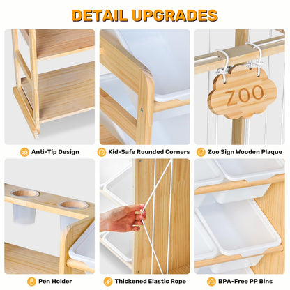 Yazzropt 65" Large Toy Storage Organizer with Bins Shelves & Stuffed Animal Storage for Kids Wood Toddler Playroom Organization with Bookshelf Toys Box Wooden Organizers for Kids Room Nursery Bedroom