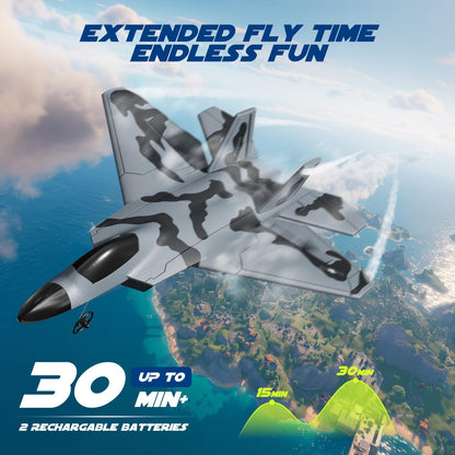 TOIBUS RC Plane Remote Control Airplane for Kids and Beginners F-22 Glider Foam Fighter Jet, 2CH 2.4GHz Aircraft Ready to Fly Toy with LED Lights Automatic Balance Gyro 2 Rechargeable Batteries