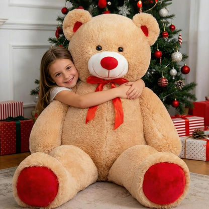 WENMOTDY Giant Teddy Bear 4ft Stuffed Animal Big Teddy Bear Plush with Red Ribbon Bow and Paw Pads Plush Toy for Girlfriend Lover Mom Kids Anniversary Valentines Birthdays Gifts 48 inch Tan