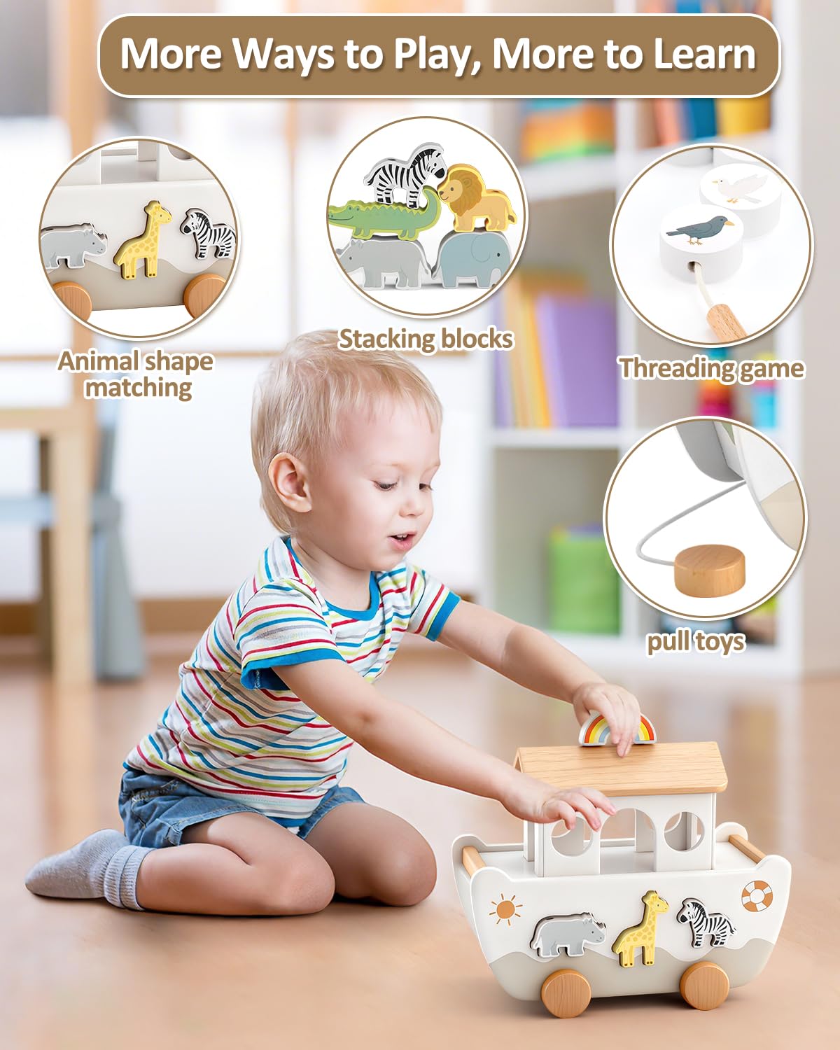 WoodsyJoy Wooden Noah’s Ark Toy for Toddlers 1-3, Baptism Christening Gifts for Boys Girls, Christian Toy Animal Shape Sorter, Baby Birthday