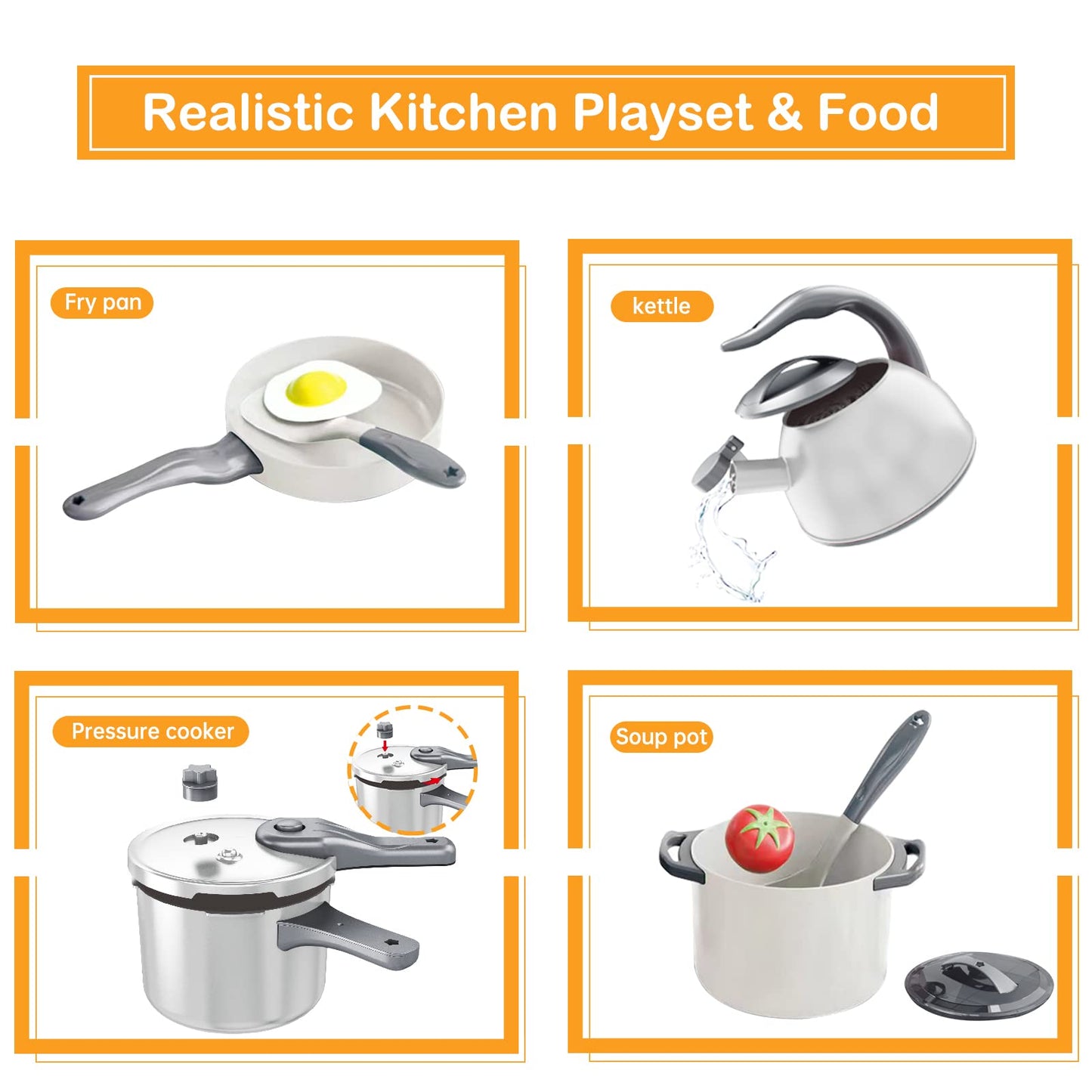 Bruvoalon 32Pcs Kids Play Kitchen Toys Set, Toddlers Pretend Cooking Playset Acccessories with Pots Pans, Utensils Cookware, Foods, Canned Veges, Learning Gift for Kids Girls Boys (White)