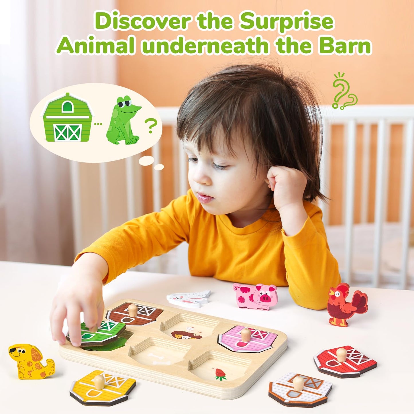 JoyCat Wooden Puzzles for Toddlers 1-3, Montessori Toys for 1 2 Year Old Boy Girl Birthday, Animal Match Farm Peg Puzzles, Preschool Learning Toys for Toddlers Age 1-2