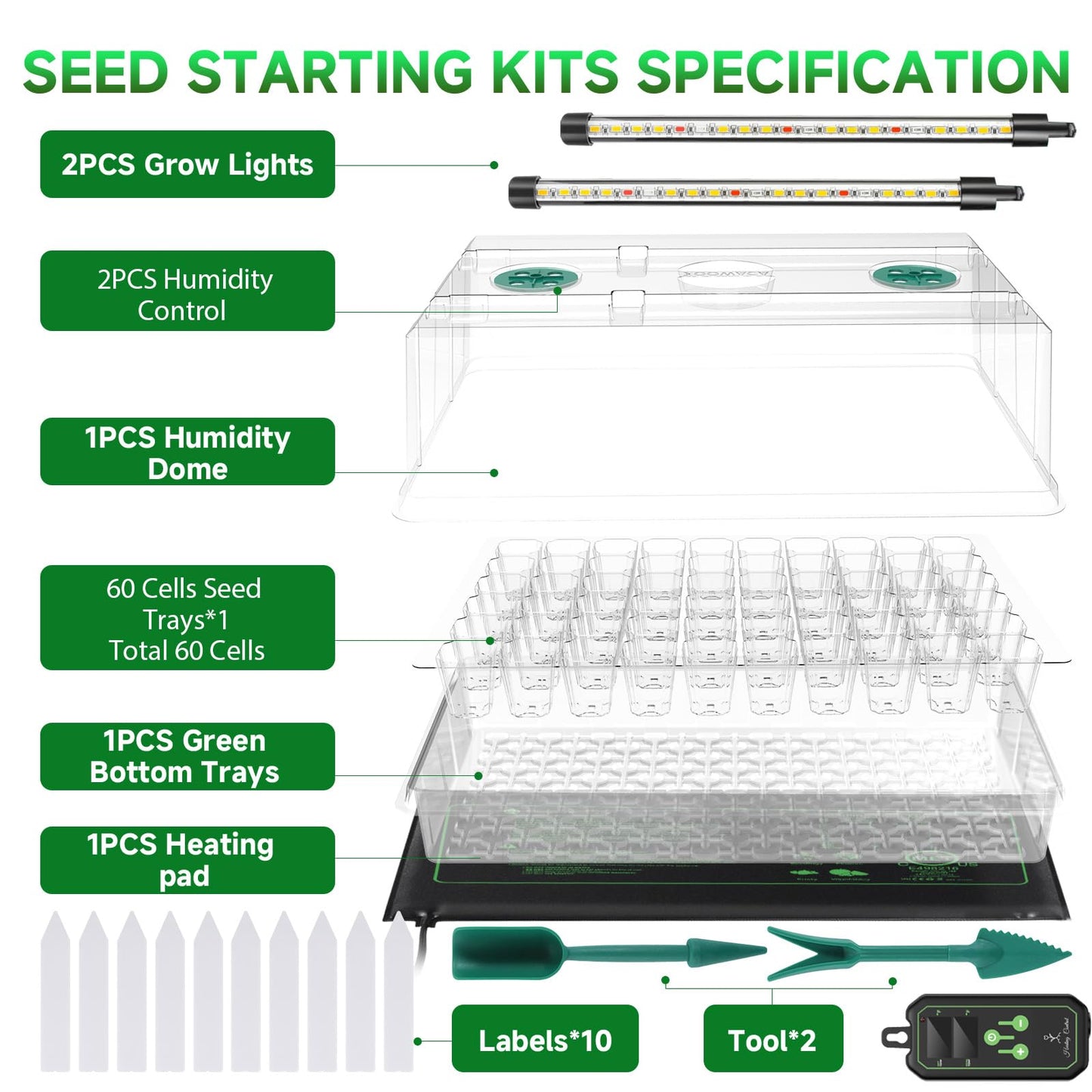 Adawook Large Seed Starter Tray with Grow Light and Thermostat Controller Heat Mat, 10"x 20.75" Heat Mats for Plant Growing，68-113°F Adjustable，Color Change Grow Lights，Germination Trays Kits