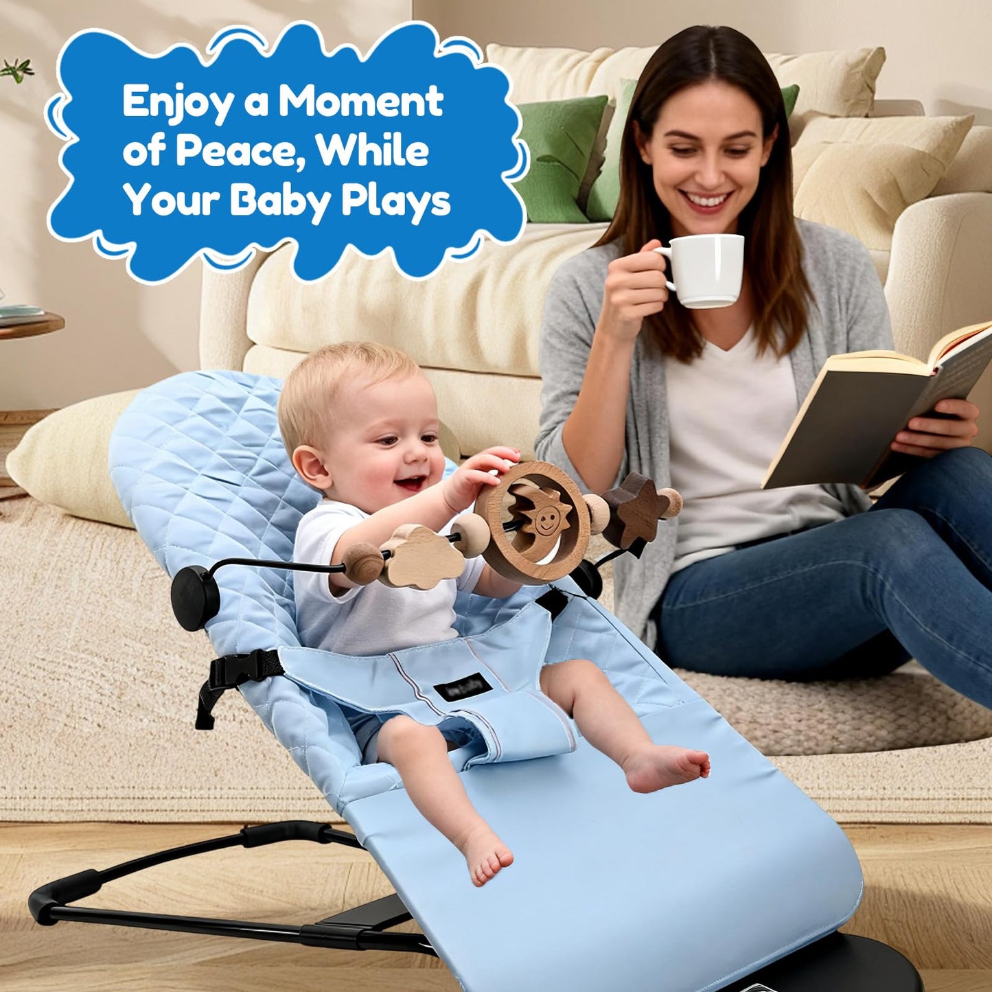 SeaZeHui Natural Wooden Activity Toy Bar for Baby Bjorn Bouncer, 360° Rotating Smiling Moon Hanging Toys for Infant Car Seat & Stroller, Sensory Development Toy 0-12 Months