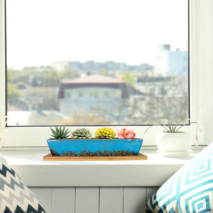 ARTKETTY Succulent Pots, 9.8 Inch Ceramic Succulent Planters with Drainage Small Bonsai Pot with Bamboo Tray, Mini Cactus Flower Planter Pot Shallow Rectangular Window Planters for Indoor Plants