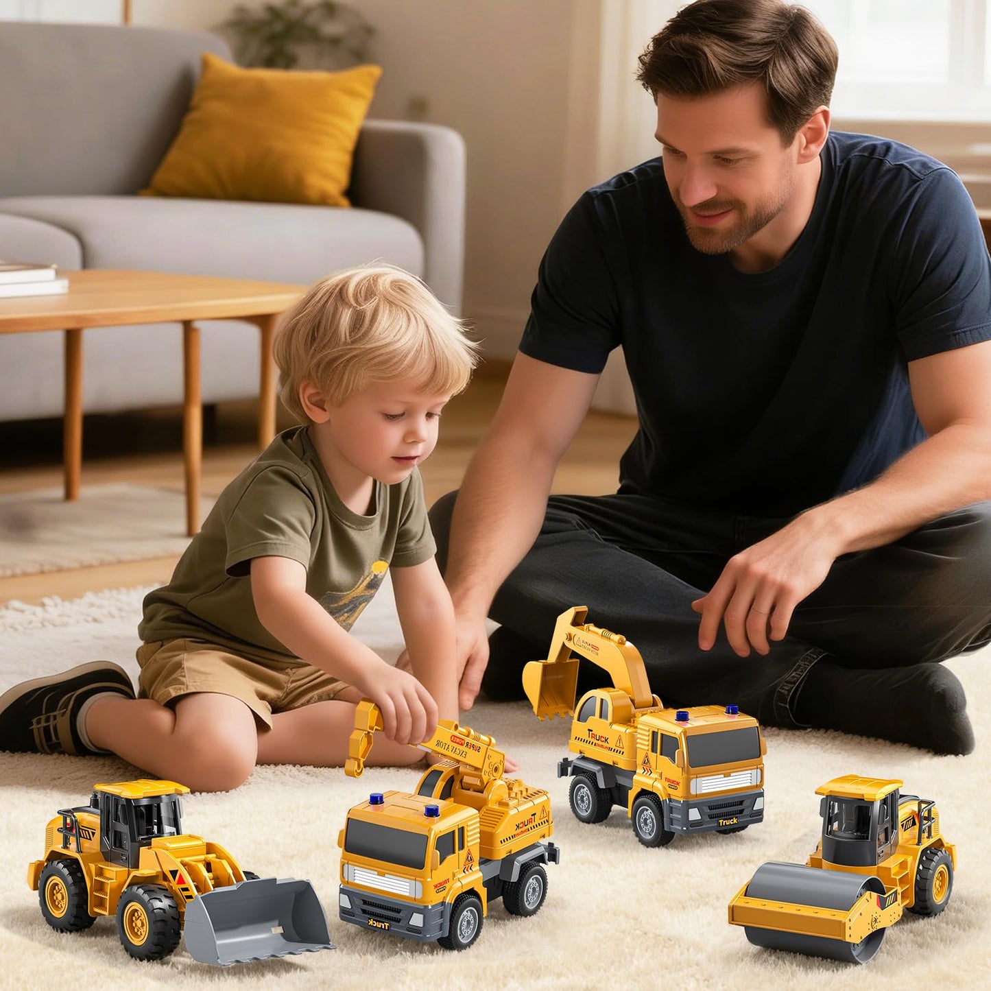 KukuFun 4-Pack Truck Toys for Boys 3-5 Year Old，Construction Sandbox Toy Set with Excavator，Indoor/Outdoor Sand Toys for Kids Toddlers Girls Age 3-8，Birthday Gifts