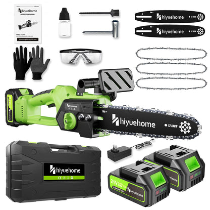 hiyuehome Power Chainsaw 12inch,Chainsaw Cordless w Automatic Oiler, Handheld Electric Power Chain Saw w Security Lock, Brushless Motor,for Wood/Trees Trimming (Green - 2 batteries, 12 INCH)