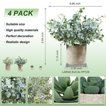 4 Pack Small Fake Plants in Pots, Artificial Eucalyptus Plants & Succulents, Mini Faux Plants for Desk Shelf Office Decor, Realistic Fake Potted Plants Indoor Home Decor