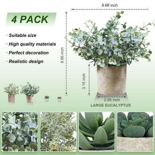 4 Pack Small Fake Plants in Pots, Artificial Eucalyptus Plants & Succulents, Mini Faux Plants for Desk Shelf Office Decor, Realistic Fake Potted Plants Indoor Home Decor