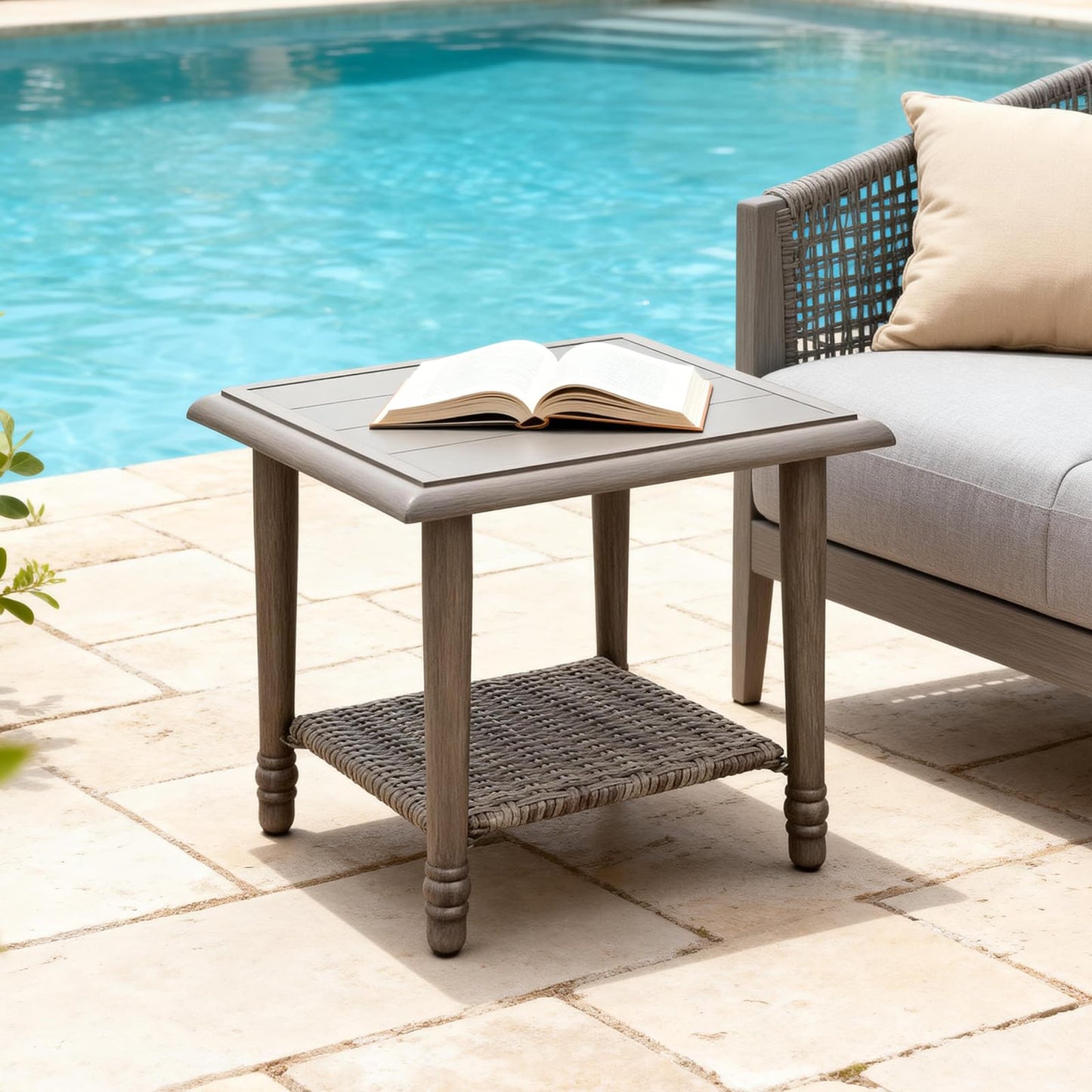 MOLIBYME Wicker Outdoor Side Table with Storage, Small Square Patio Side Table for Porch Balcony Deck Garden Poolside(1PC)