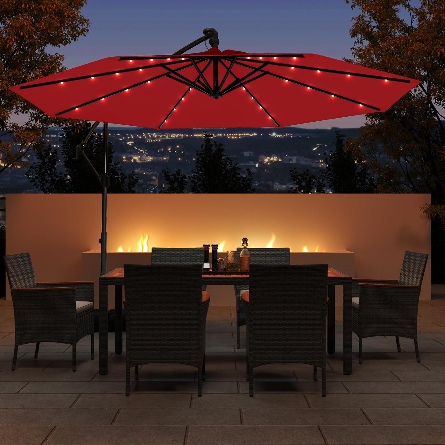 Tangkula 10ft Solar Patio Umbrella with Base Included, Offset Cantilever Outdoor Umbrella with 32 LED Lights, Infinite Tilt, 360 Degree Rotation, Crank Handle for Pool Deck Garden Backyard (Wine)