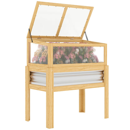 Outsunny Wooden Raised Garden Bed with Flip-Up Greenhouse Top, Raised Garden Bed with Legs and Bed Liner, Elevated Planter Box for Flowers, Vegetables, Herbs, Natural