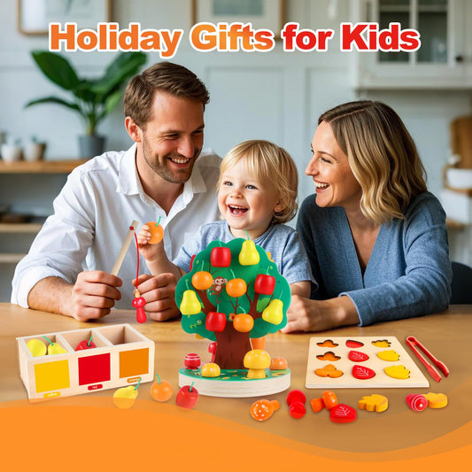 INIFEIDALA Montessori Toys for 3 4 5 6 Year Old - Wooden Educational Toy for Toddlers,Shape Sorting Puzzle for Fine Motor Skills,Apple Picking Magnetic Tree Toy,Hand-Eye Coordination,Color Recognition